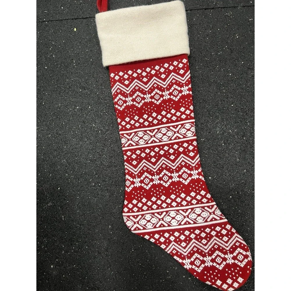 Crate and Barrel Red White Christmas Stocking fair isle long 21